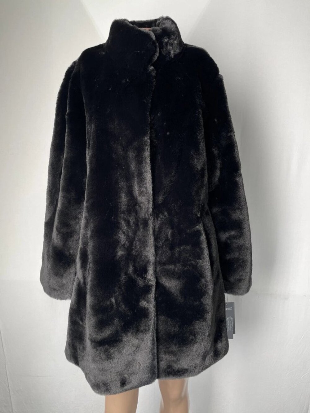 Jones New York Womens Coat Black Size M Petite Faux Fur Tall Collar Mid Length